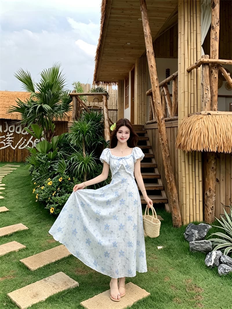실사 빅 사이즈 여름 새로운 지방 mm 프랑스식 프릴 광장 칼라 거품 소매 꽃무늬 허리 수축 슬림해 보이는 드레스 상세 이미지 11