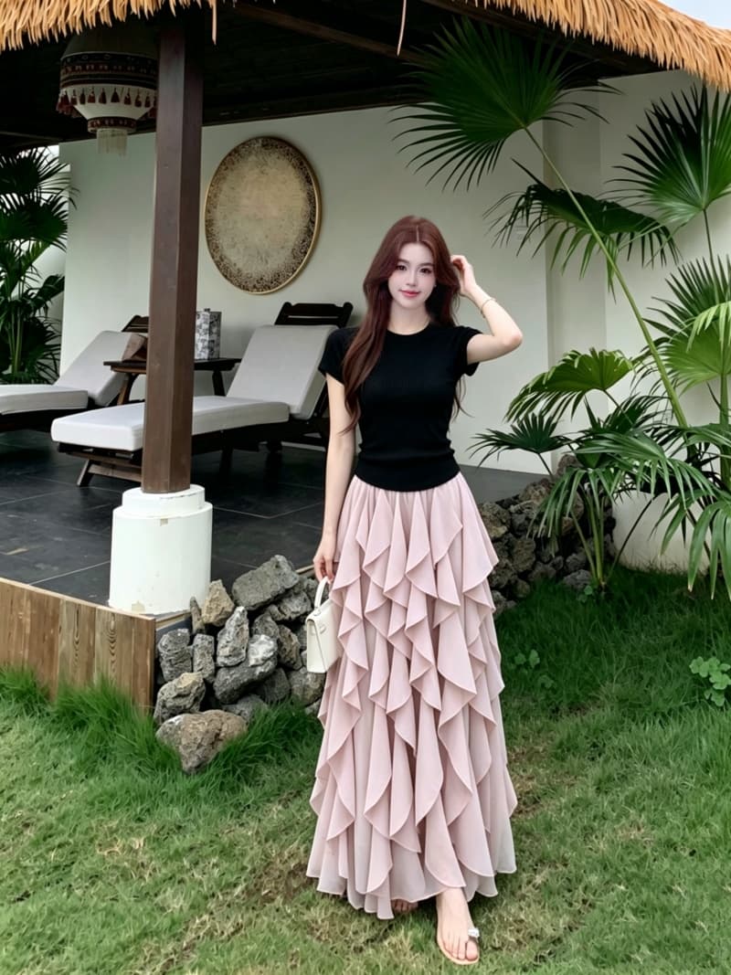 실사 빅 사이즈 여성 의류 새로운 반팔 맨위 프랑스식 불규칙 디자인 센스 프릴 반신 스커트 투피스 세트 이미지 3