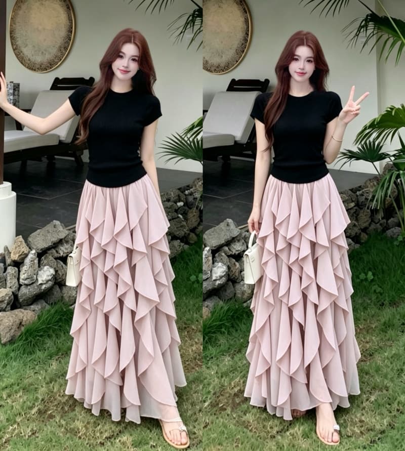 실사 빅 사이즈 여성 의류 새로운 반팔 맨위 프랑스식 불규칙 디자인 센스 프릴 반신 스커트 투피스 세트 상세 이미지 1