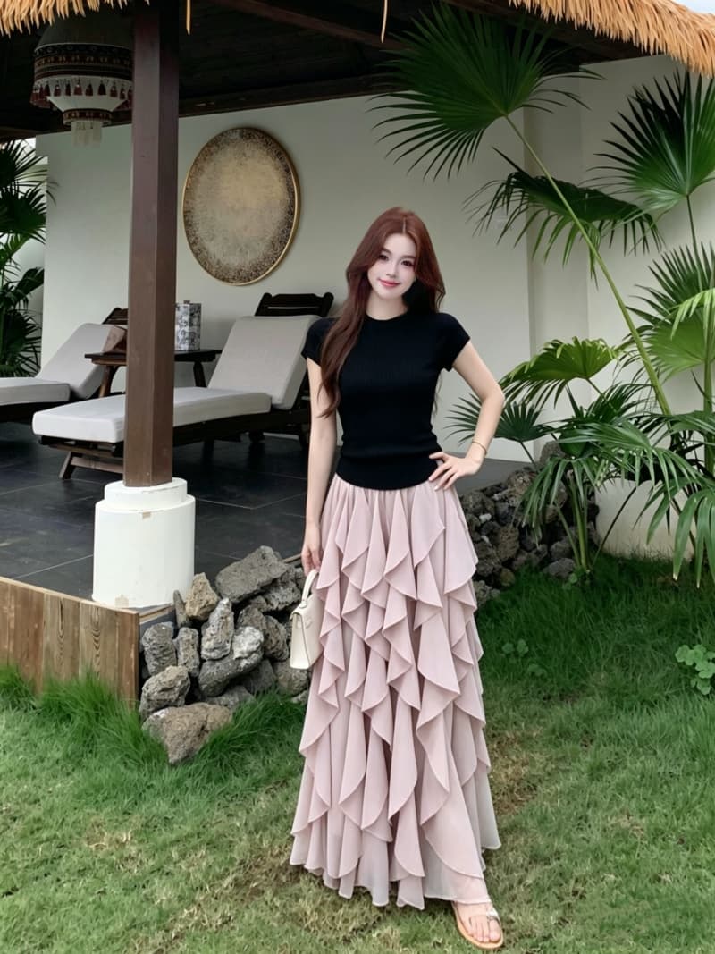 실사 빅 사이즈 여성 의류 새로운 반팔 맨위 프랑스식 불규칙 디자인 센스 프릴 반신 스커트 투피스 세트 상세 이미지 4
