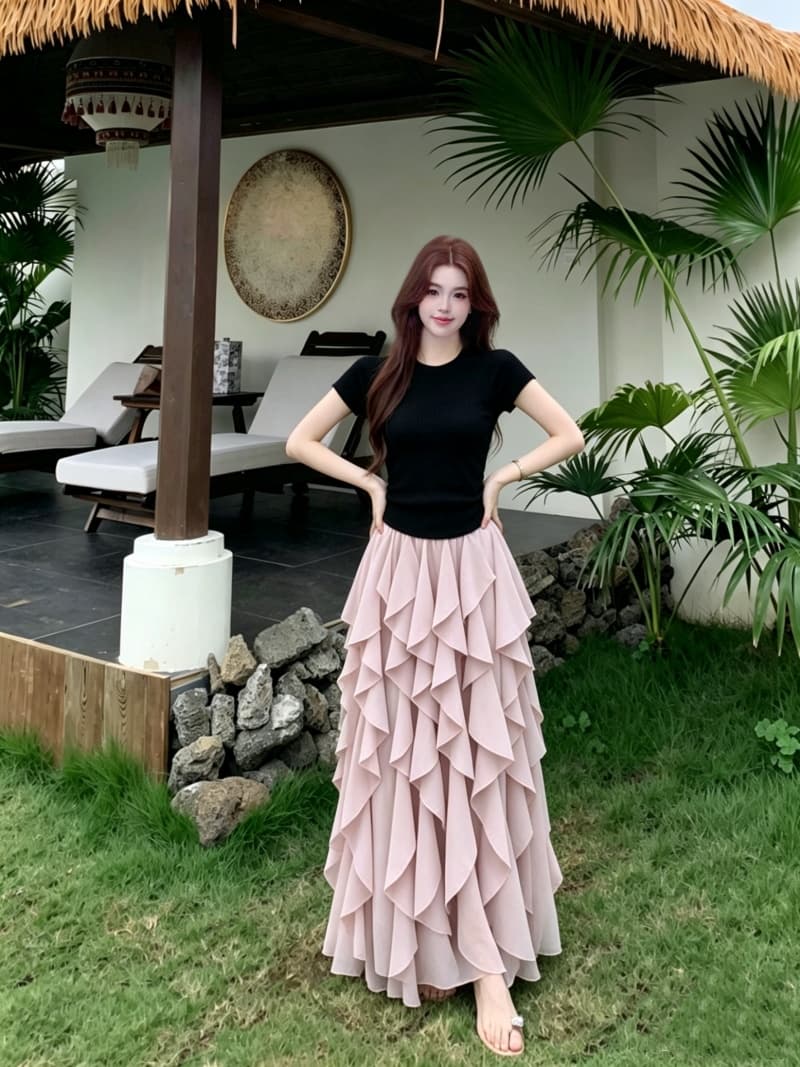 실사 빅 사이즈 여성 의류 새로운 반팔 맨위 프랑스식 불규칙 디자인 센스 프릴 반신 스커트 투피스 세트 상세 이미지 5