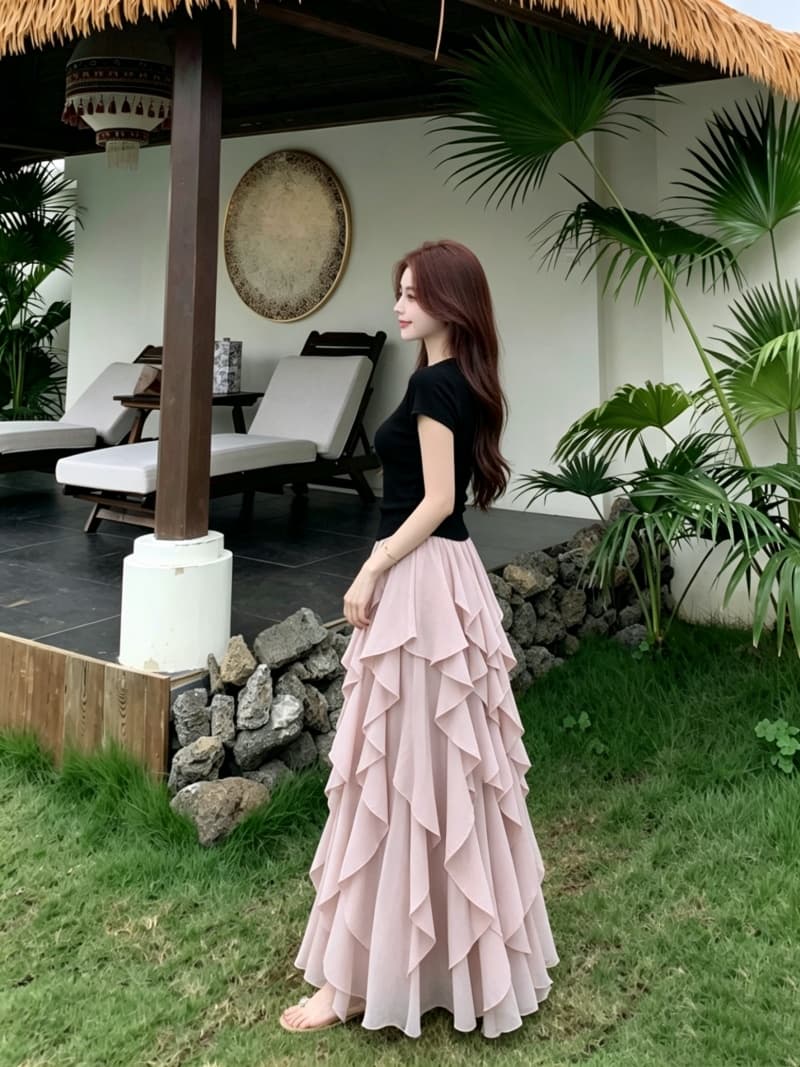 실사 빅 사이즈 여성 의류 새로운 반팔 맨위 프랑스식 불규칙 디자인 센스 프릴 반신 스커트 투피스 세트 상세 이미지 7