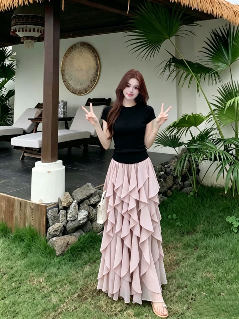 실사 빅 사이즈 여성 의류 새로운 반팔 맨위 프랑스식 불규칙 디자인 센스 프릴 반신 스커트 투피스 세트 상세 이미지 9
