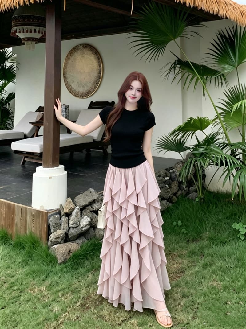 실사 빅 사이즈 여성 의류 새로운 반팔 맨위 프랑스식 불규칙 디자인 센스 프릴 반신 스커트 투피스 세트 상세 이미지 10