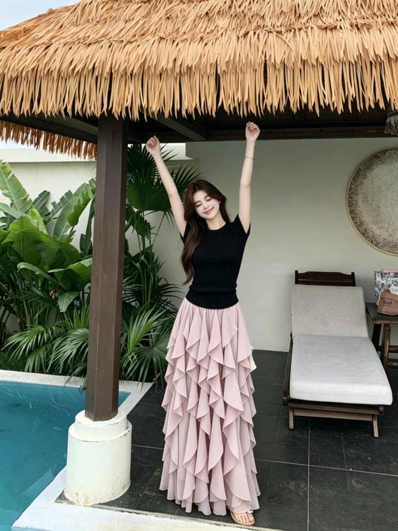 실사 빅 사이즈 여성 의류 새로운 반팔 맨위 프랑스식 불규칙 디자인 센스 프릴 반신 스커트 투피스 세트 상세 이미지 15