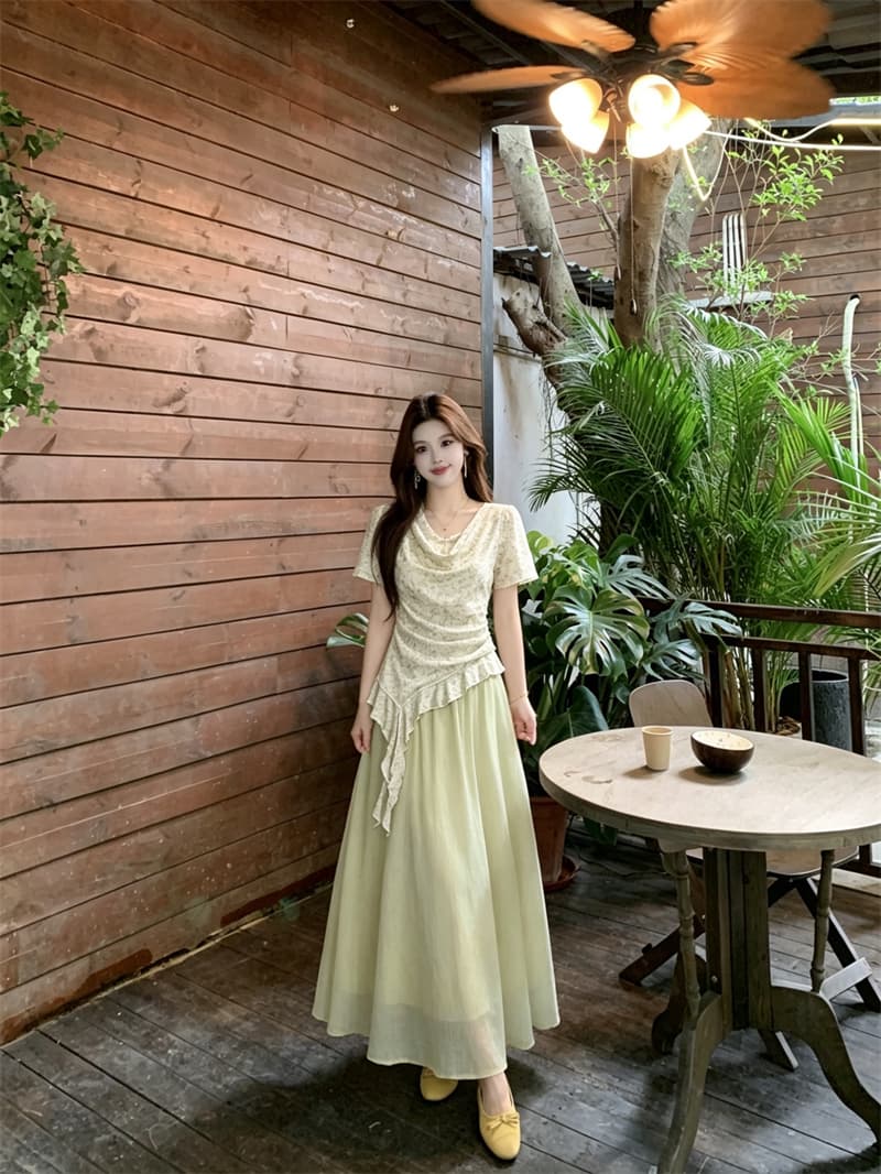 실사 빅 사이즈 여름 새로운 불규칙 프릴 흔들다 칼라 꽃무늬 맨위 다용도 품격 반신 스커트 투피스 세트 상세 이미지 7