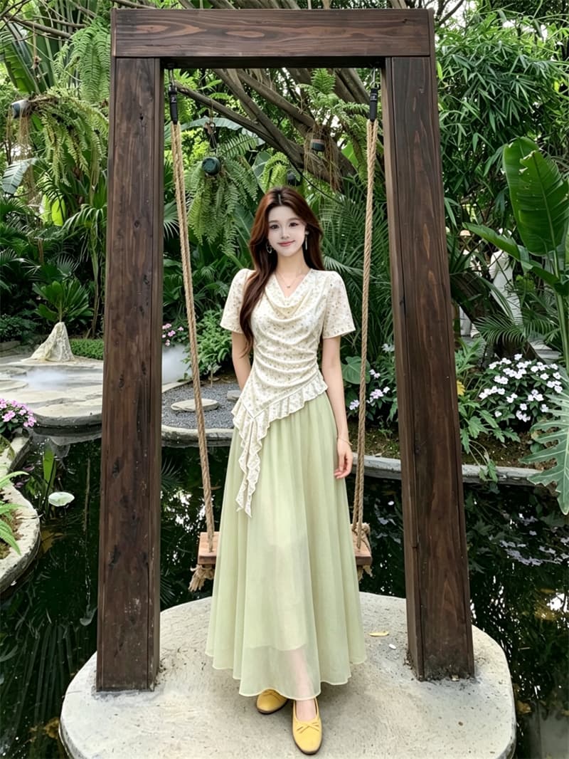실사 빅 사이즈 여름 새로운 불규칙 프릴 흔들다 칼라 꽃무늬 맨위 다용도 품격 반신 스커트 투피스 세트 상세 이미지 11