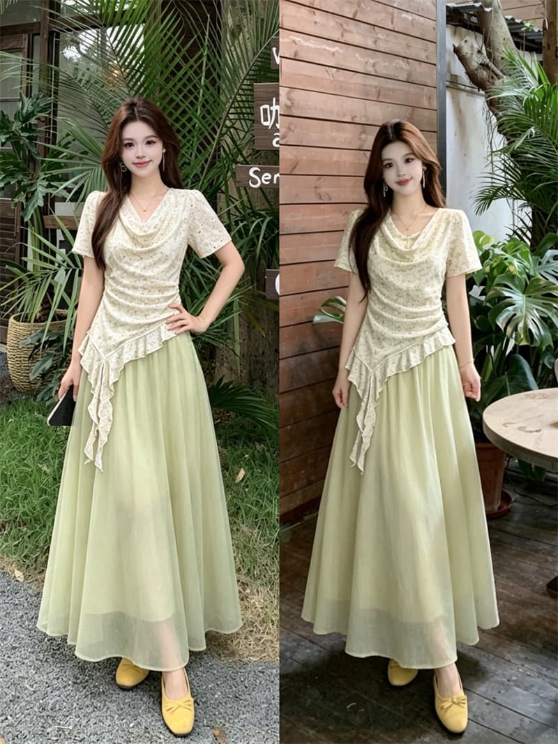 실사 빅 사이즈 여름 새로운 불규칙 프릴 흔들다 칼라 꽃무늬 맨위 다용도 품격 반신 스커트 투피스 세트 상세 이미지 1