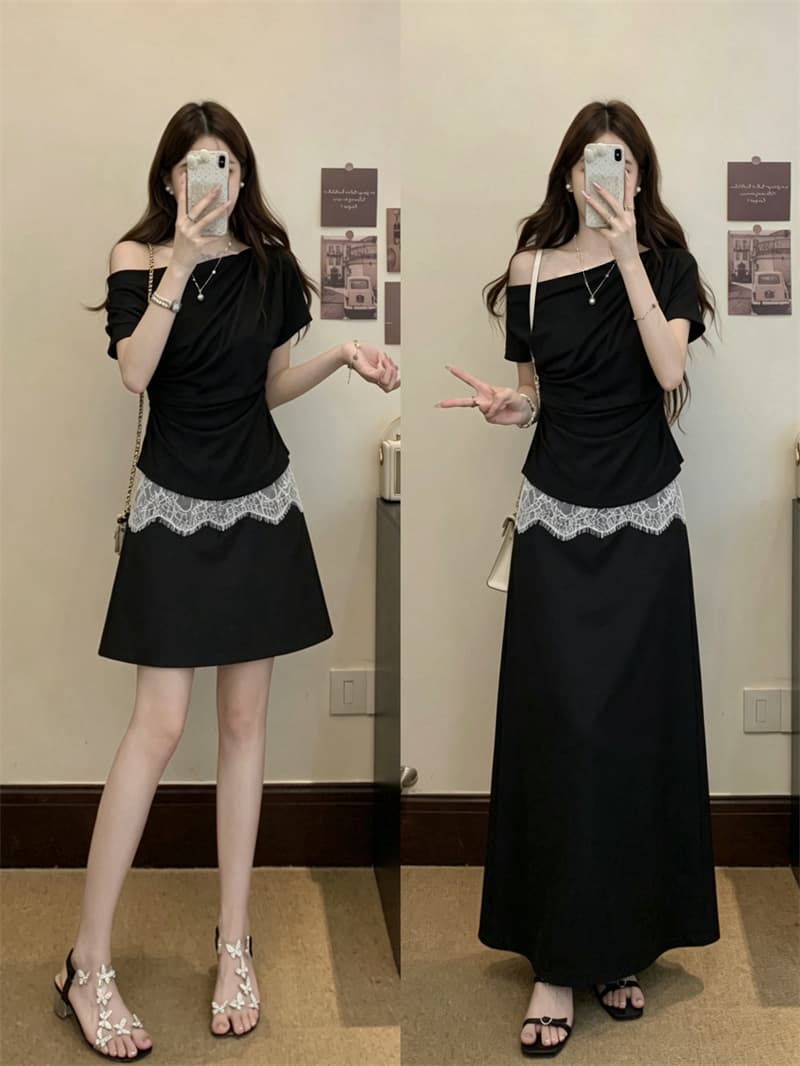 실사 빅 사이즈 여성 의류 여름 새로운 디자인 센스 반팔 비스듬한 어깨 의류 레이스 조각 반신 스커트 투피스 세트 상세 이미지 1