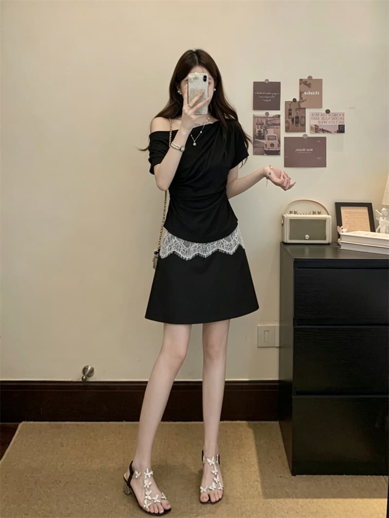 실사 빅 사이즈 여성 의류 여름 새로운 디자인 센스 반팔 비스듬한 어깨 의류 레이스 조각 반신 스커트 투피스 세트 상세 이미지 3