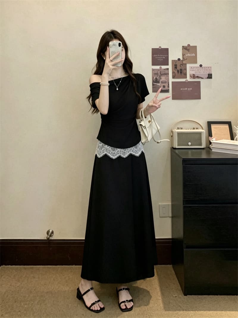 실사 빅 사이즈 여성 의류 여름 새로운 디자인 센스 반팔 비스듬한 어깨 의류 레이스 조각 반신 스커트 투피스 세트 상세 이미지 14