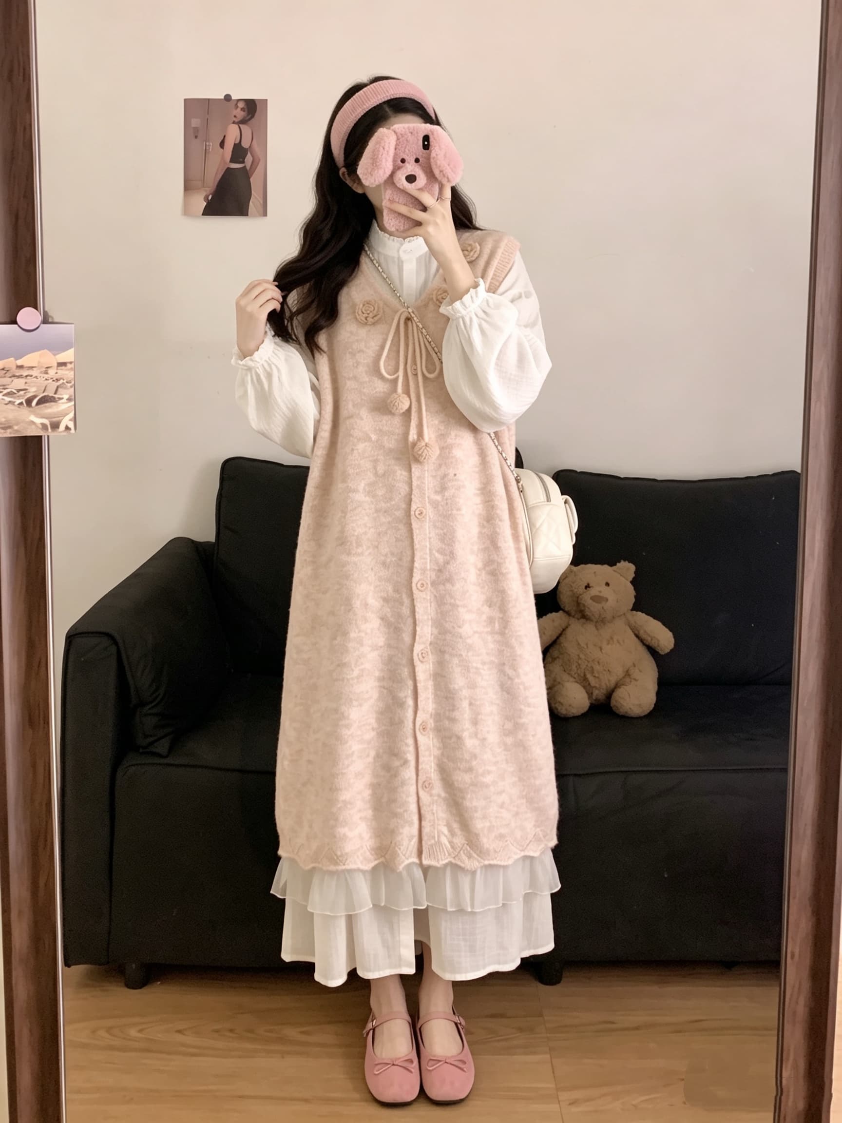 2026 실사 빅 사이즈 여성 의류 가을 겨울 새로운 달콤함 지방 mm 긴팔 만나는 니트 조끼 스커트 투피스 세트 이미지 2