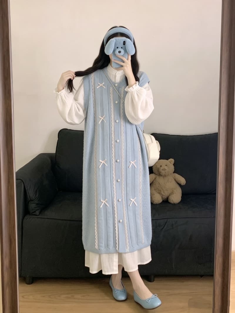 2026 실사 빅 사이즈 여성 의류 가을 겨울 새로운 한국 스타일 나비 매듭 긴팔 기본 스커트 니트 조끼 스커트 투피스 세트 상세 이미지 24