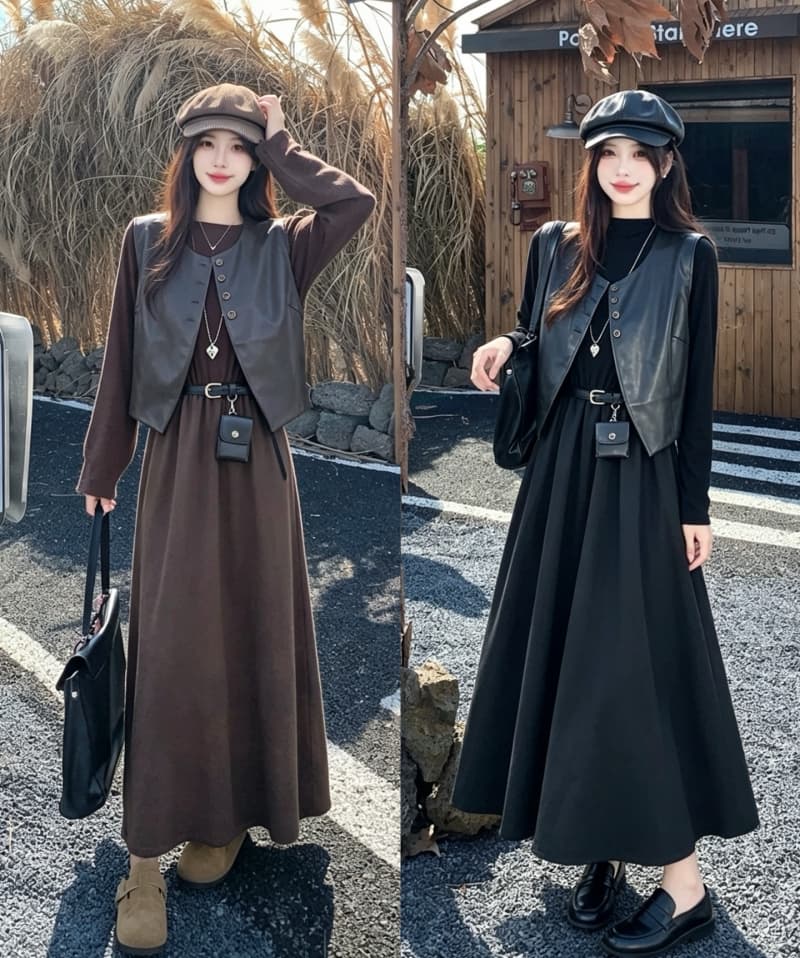2026 실사 빅 사이즈 여성 의류 가을 겨울 새로운 레트로 가죽 베스트 맨위 긴팔 드레스 복장 투피스 세트 상세 이미지 1