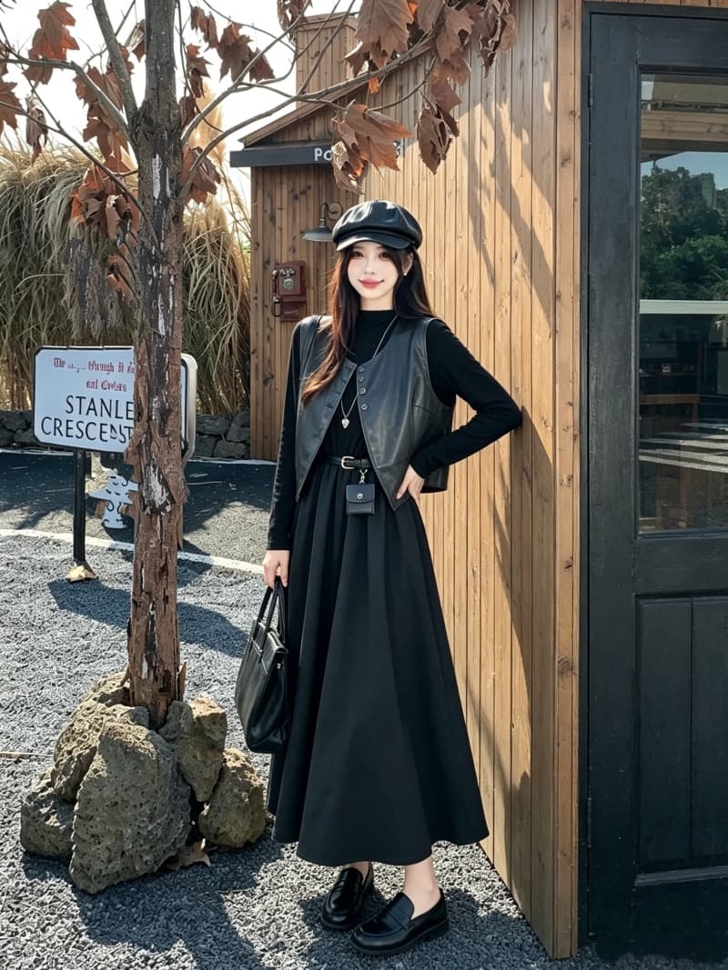 2026 실사 빅 사이즈 여성 의류 가을 겨울 새로운 레트로 가죽 베스트 맨위 긴팔 드레스 복장 투피스 세트 상세 이미지 12