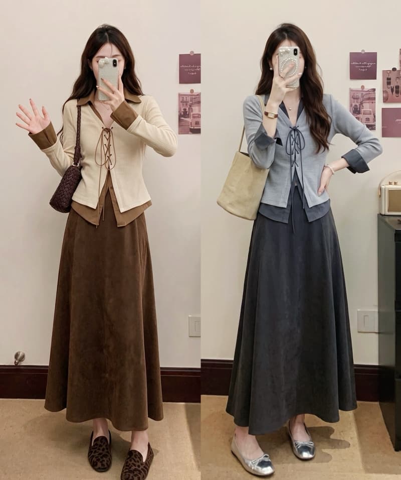 2026 실사 빅 사이즈 여성 의류 가을 겨울 새로운 부드러운 바람 레이스업 긴팔 맨위 슬림해 보이는 반신 스커트 투피스 세트