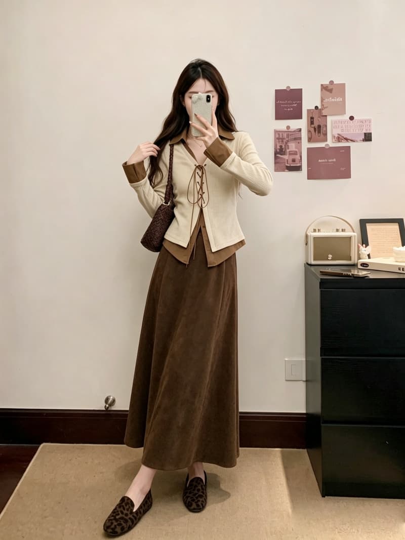 2026 실사 빅 사이즈 여성 의류 가을 겨울 새로운 부드러운 바람 레이스업 긴팔 맨위 슬림해 보이는 반신 스커트 투피스 세트 상세 이미지 11