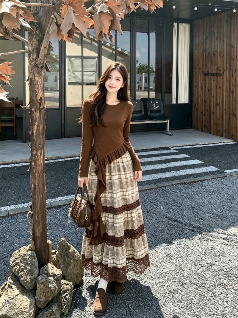 2026 실사 빅 사이즈 여성 의류 가을 겨울 새로운 레트로 불규칙 디자인 맨위 체크무늬 반신 스커트 투피스 세트 상세 이미지 5