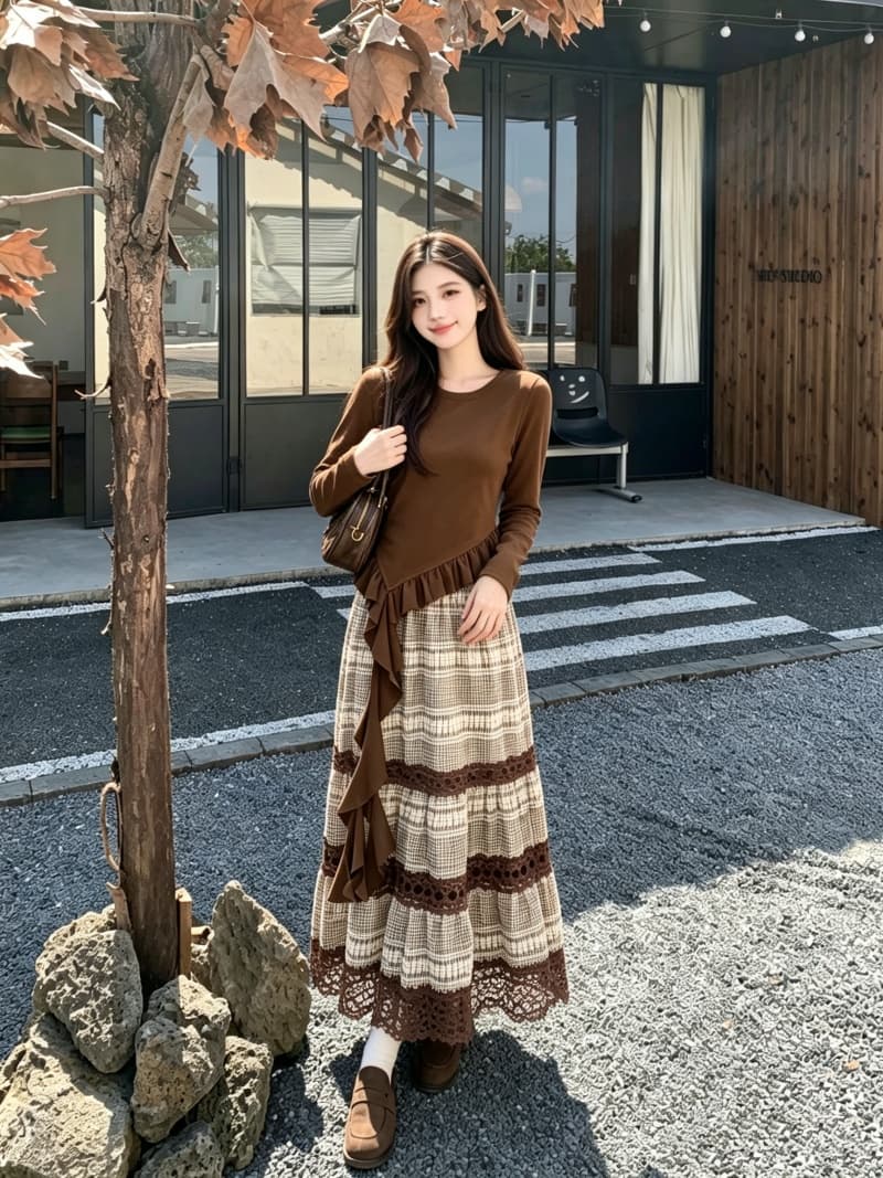 2026 실사 빅 사이즈 여성 의류 가을 겨울 새로운 레트로 불규칙 디자인 맨위 체크무늬 반신 스커트 투피스 세트 상세 이미지 6