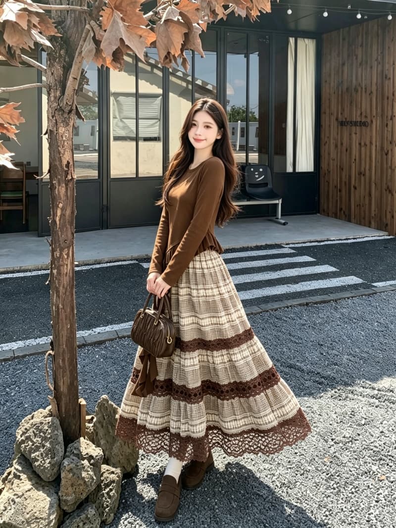 2026 실사 빅 사이즈 여성 의류 가을 겨울 새로운 레트로 불규칙 디자인 맨위 체크무늬 반신 스커트 투피스 세트 상세 이미지 7