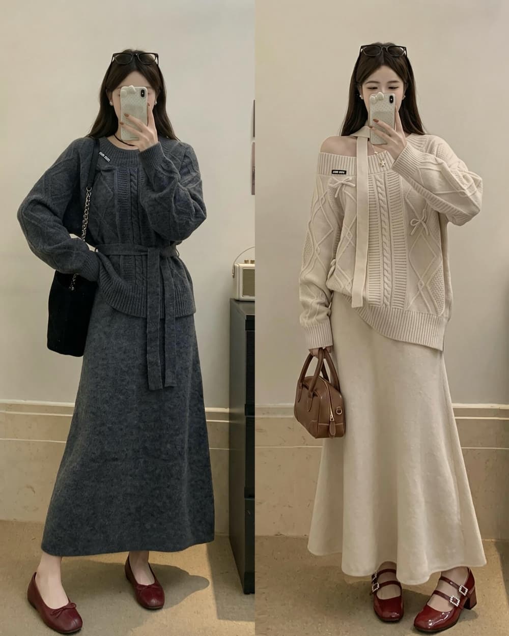 2026 실사 빅 사이즈 여성 의류 가을 겨울 새로운 나비 매듭 꽈배기 스웨터 맨위 니트 반신 스커트 투피스 세트