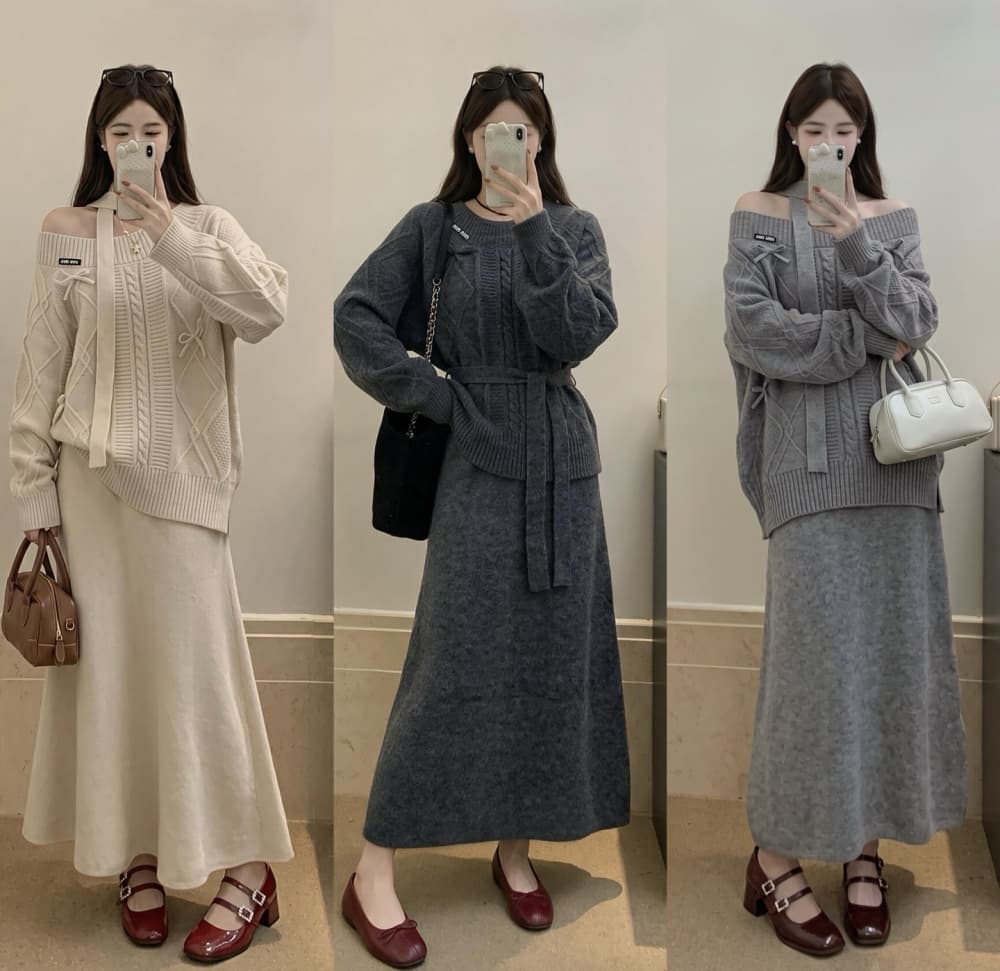 2026 실사 빅 사이즈 여성 의류 가을 겨울 새로운 나비 매듭 꽈배기 스웨터 맨위 니트 반신 스커트 투피스 세트 상세 이미지 1