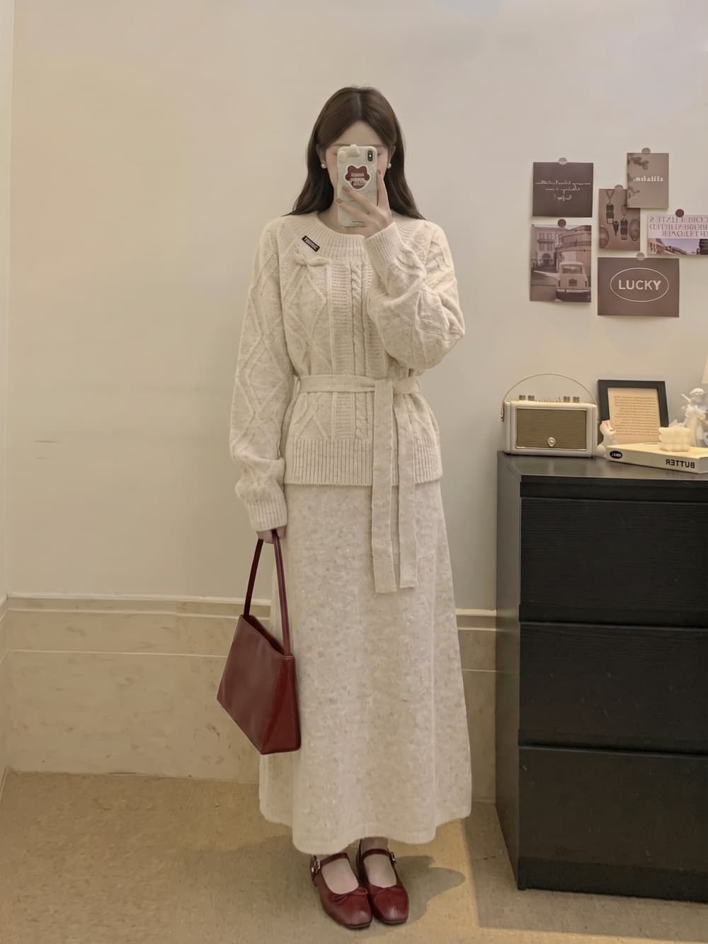 2026 실사 빅 사이즈 여성 의류 가을 겨울 새로운 나비 매듭 꽈배기 스웨터 맨위 니트 반신 스커트 투피스 세트 상세 이미지 4