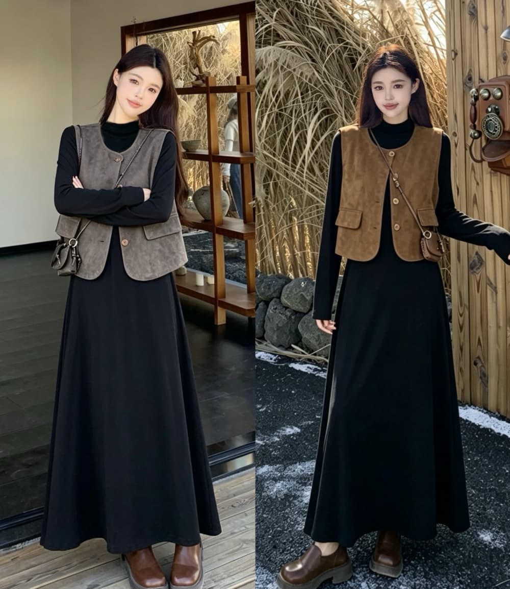 2026 실사 빅 사이즈 여성 의류 가을 겨울 새로운 레트로 미니멀리즘 품격 베스트 긴팔 바지 스커트 투피스 세트