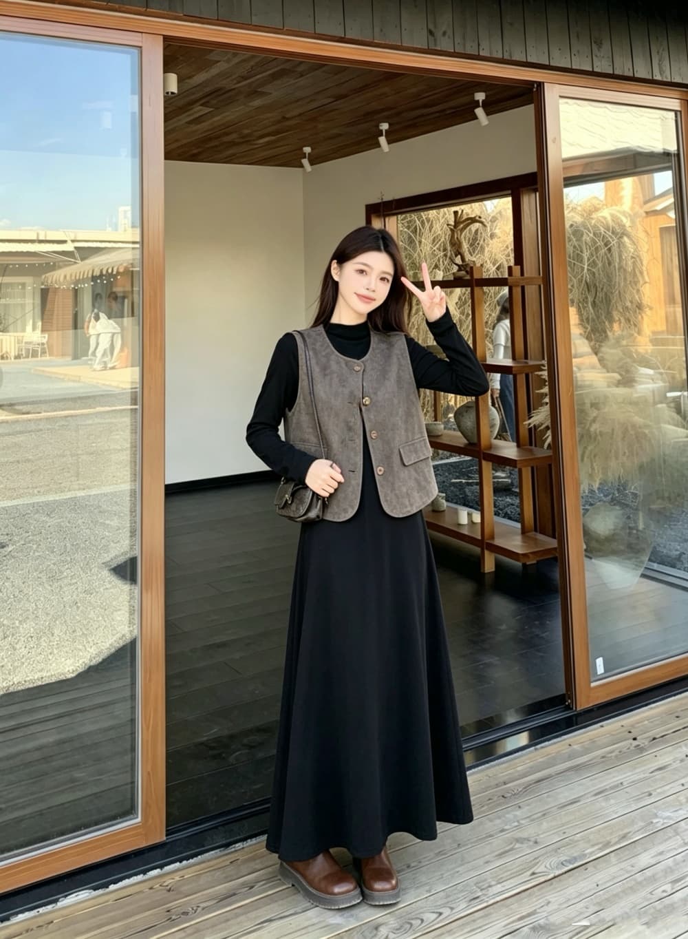 2026 실사 빅 사이즈 여성 의류 가을 겨울 새로운 레트로 미니멀리즘 품격 베스트 긴팔 바지 스커트 투피스 세트 이미지 2