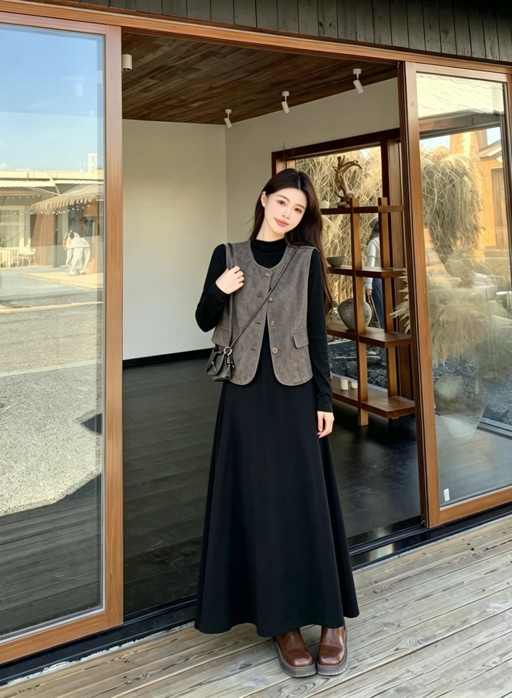 2026 실사 빅 사이즈 여성 의류 가을 겨울 새로운 레트로 미니멀리즘 품격 베스트 긴팔 바지 스커트 투피스 세트 이미지 4