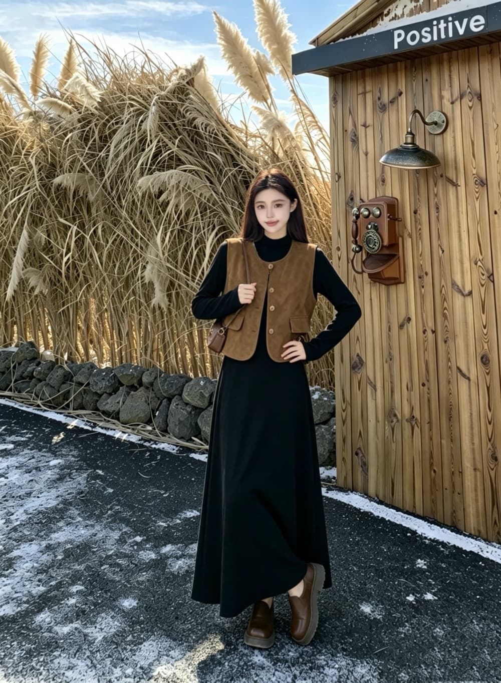 2026 실사 빅 사이즈 여성 의류 가을 겨울 새로운 레트로 미니멀리즘 품격 베스트 긴팔 바지 스커트 투피스 세트 상세 이미지 8