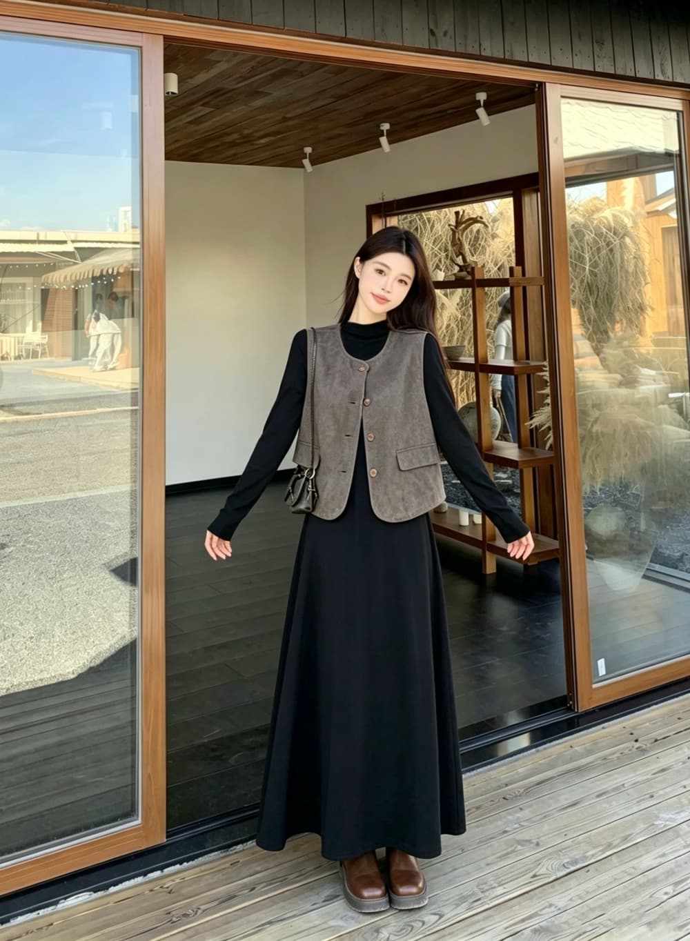 2026 실사 빅 사이즈 여성 의류 가을 겨울 새로운 레트로 미니멀리즘 품격 베스트 긴팔 바지 스커트 투피스 세트 상세 이미지 12