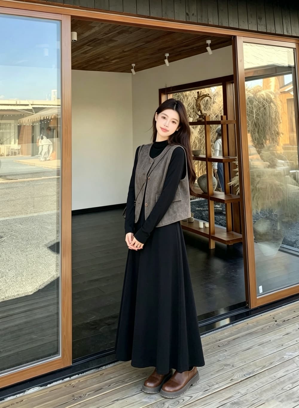 2026 실사 빅 사이즈 여성 의류 가을 겨울 새로운 레트로 미니멀리즘 품격 베스트 긴팔 바지 스커트 투피스 세트 상세 이미지 13
