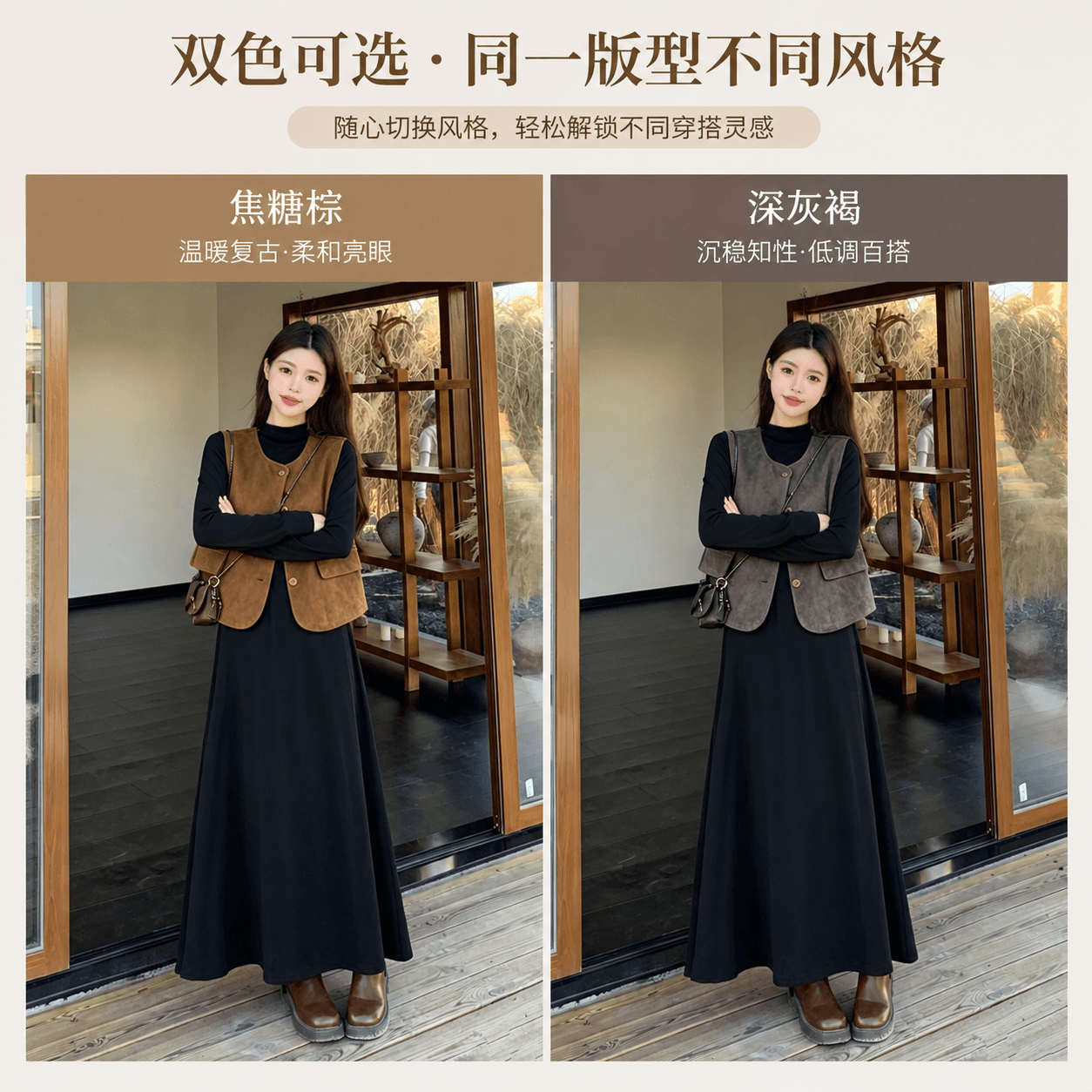 2026 실사 빅 사이즈 여성 의류 가을 겨울 새로운 레트로 미니멀리즘 품격 베스트 긴팔 바지 스커트 투피스 세트 상세 이미지 1