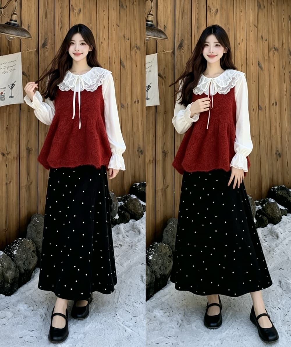 2026 실사 빅 사이즈 여성 의류 가을 겨울 새로운 귀여운 베이비 칼라 니트 베스트 셔츠 반신 스커트 3종 세트 상세 이미지 1