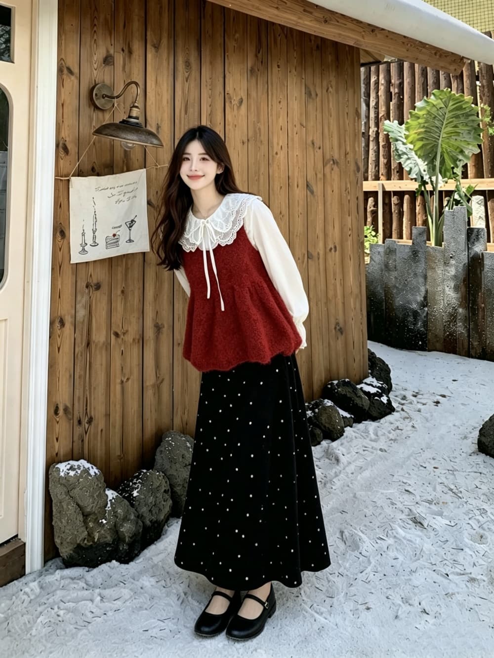 2026 실사 빅 사이즈 여성 의류 가을 겨울 새로운 귀여운 베이비 칼라 니트 베스트 셔츠 반신 스커트 3종 세트 상세 이미지 15