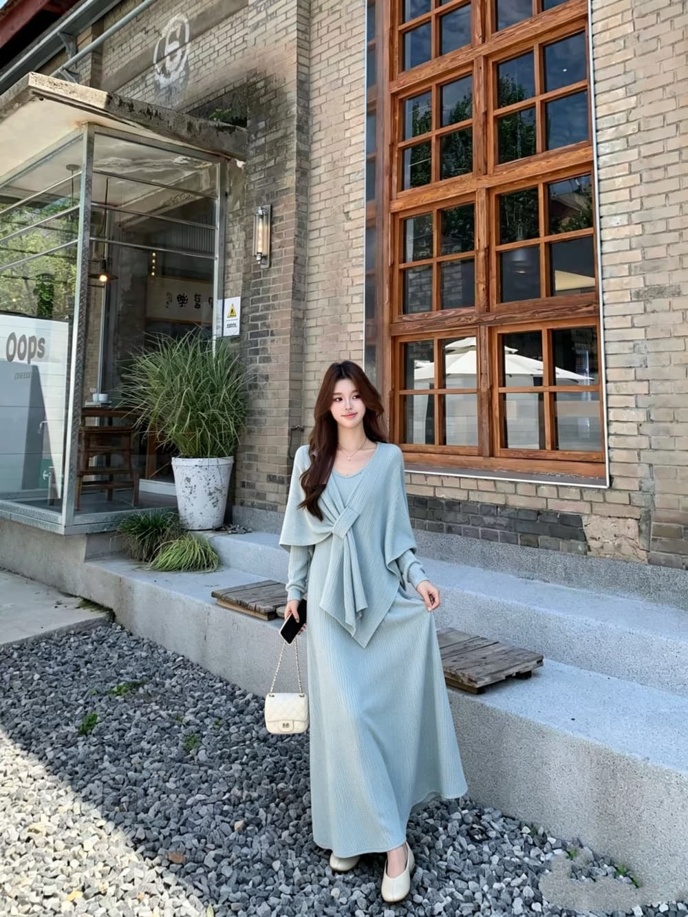 2026 실사 빅 사이즈 여성 의류 가을 겨울 새로운 부드러운 느긋한 바람 파란색 니트 망토 드레스 투피스 슈트 상세 이미지 6