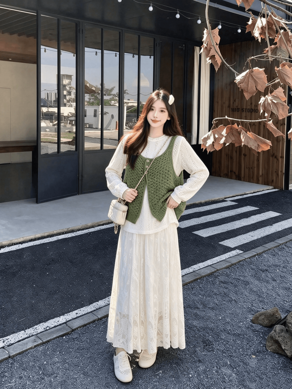 2026 실사 빅 사이즈 여성 의류 가을 겨울 새로운 홀로우 아웃 니트 베스트 긴팔 레이스 맨위 반신 스커트 3종 세트 상세 이미지 9