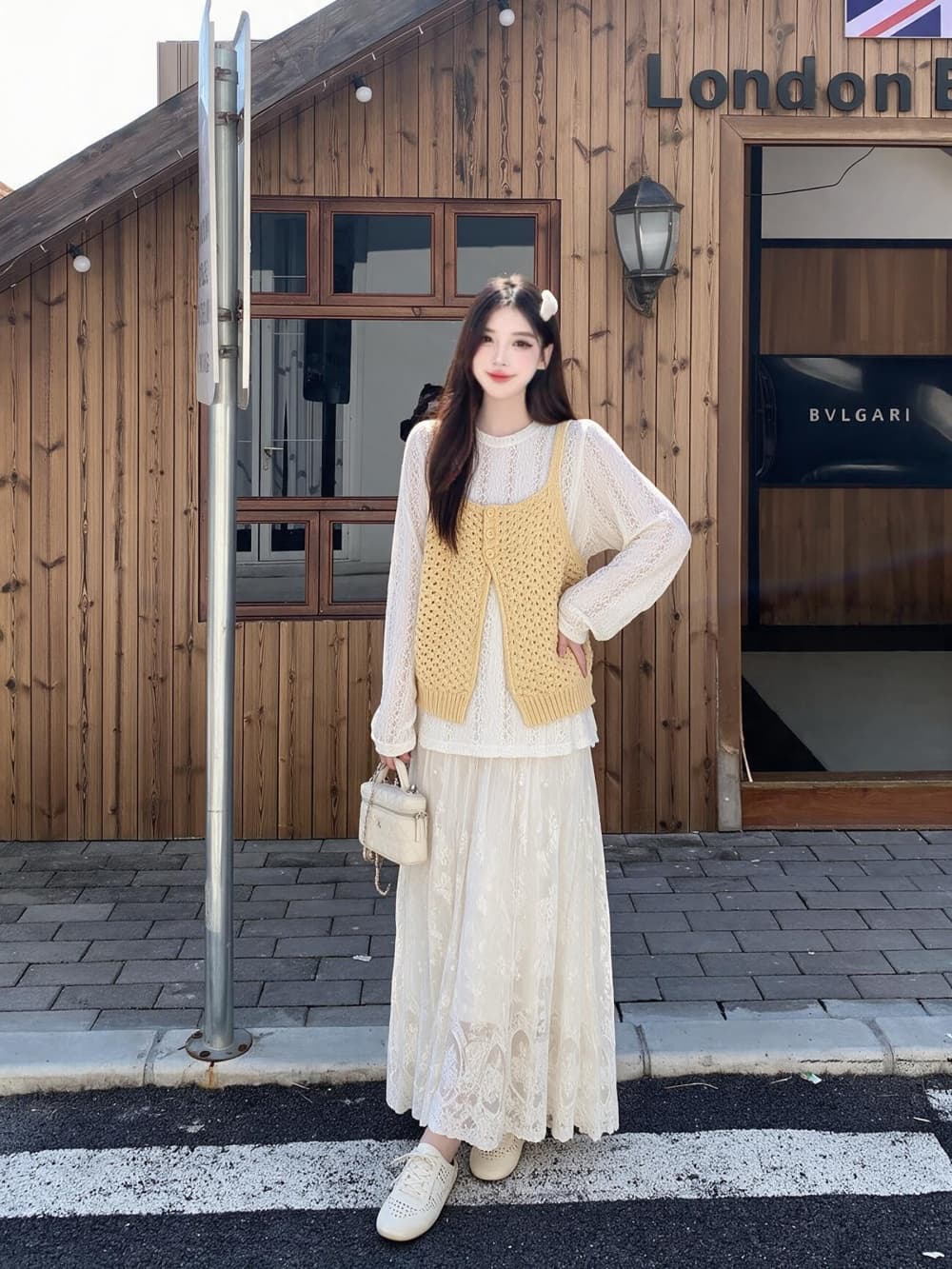 2026 실사 빅 사이즈 여성 의류 가을 겨울 새로운 홀로우 아웃 니트 베스트 긴팔 레이스 맨위 반신 스커트 3종 세트 상세 이미지 5