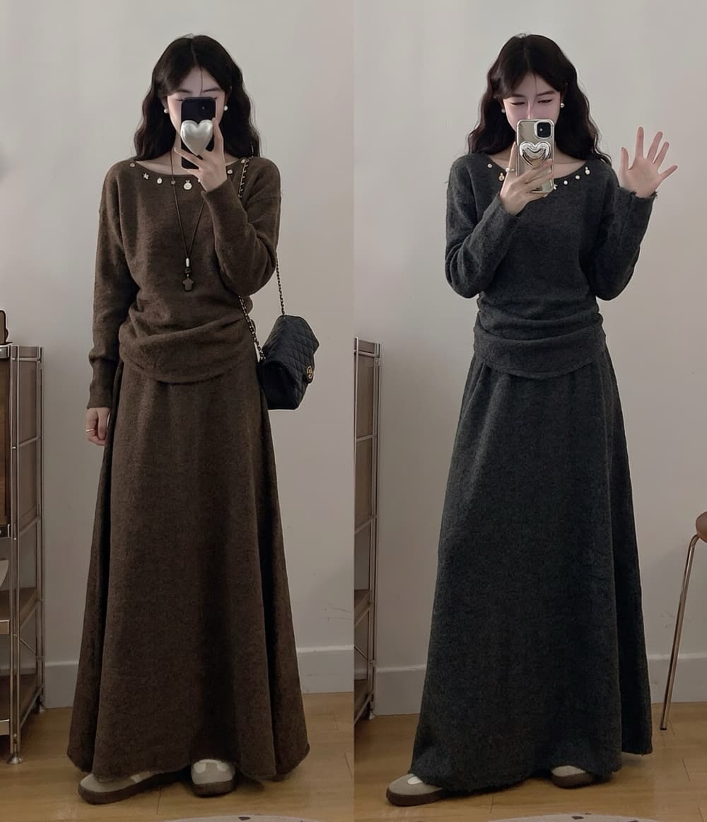 2026 실사 빅 사이즈 여성 의류 가을 겨울 새로운 한국 스타일 레트로 보트넥 니트 맨위 반신 스커트 투피스 세트
