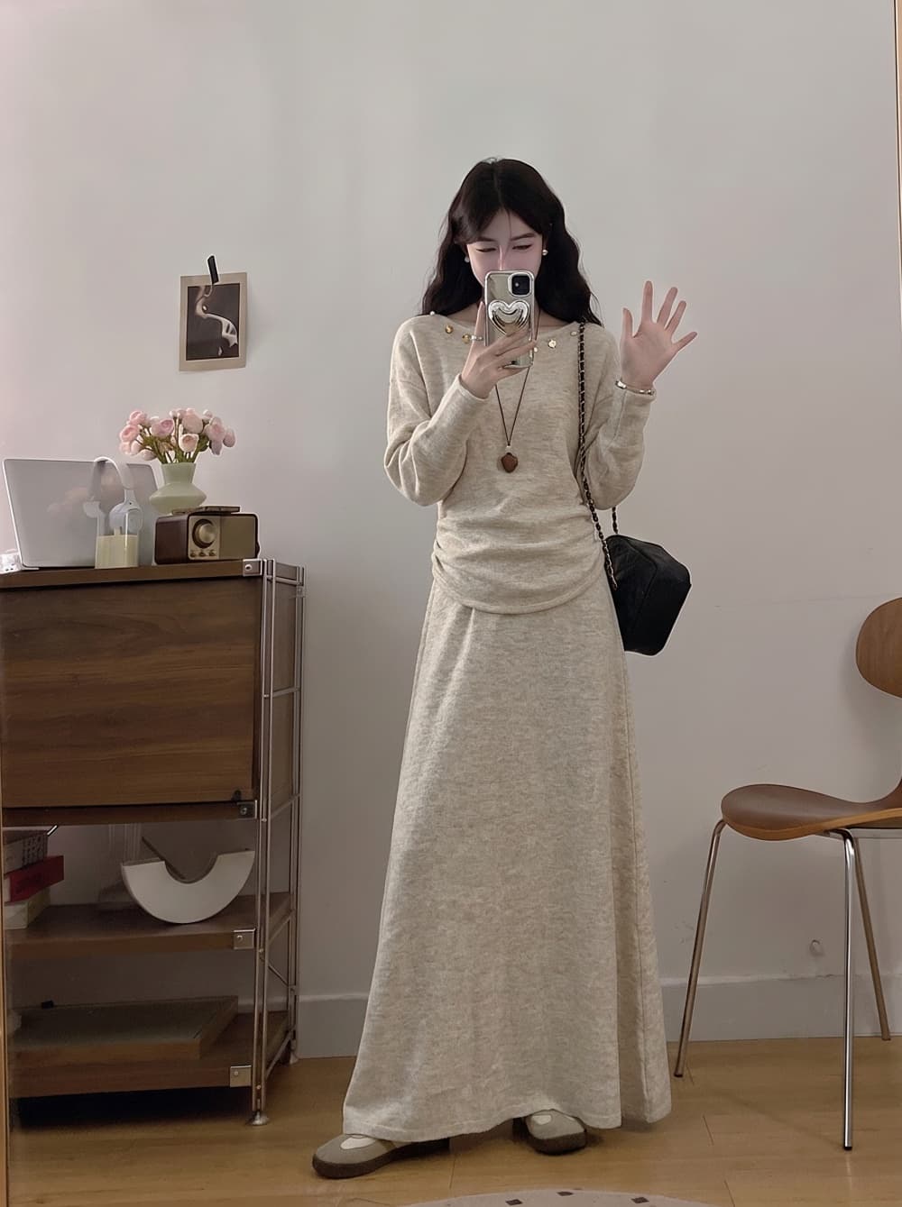2026 실사 빅 사이즈 여성 의류 가을 겨울 새로운 한국 스타일 레트로 보트넥 니트 맨위 반신 스커트 투피스 세트 상세 이미지 3