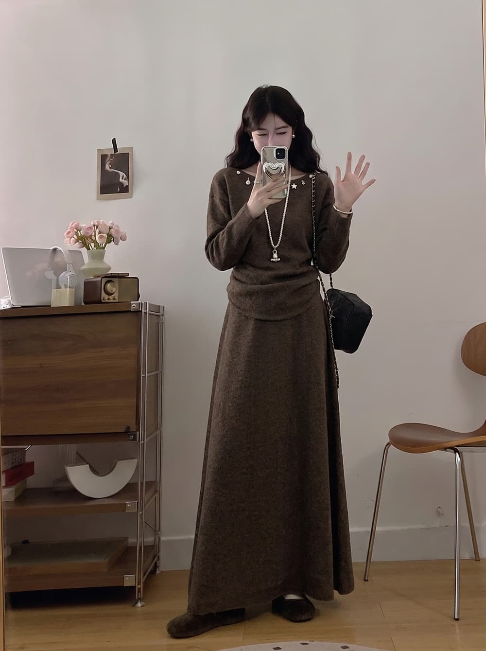 2026 실사 빅 사이즈 여성 의류 가을 겨울 새로운 한국 스타일 레트로 보트넥 니트 맨위 반신 스커트 투피스 세트 상세 이미지 6