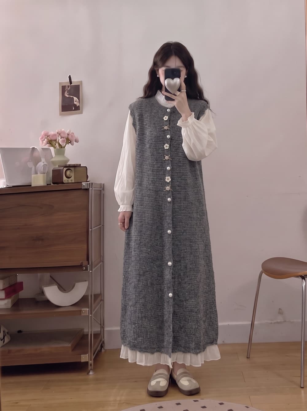2026 실사 빅 사이즈 여성 의류 가을 겨울 새로운 레이스 레이스 오픈 가디건 니트 조끼 스커트 긴팔 셔츠 투피스 세트 상세 이미지 3