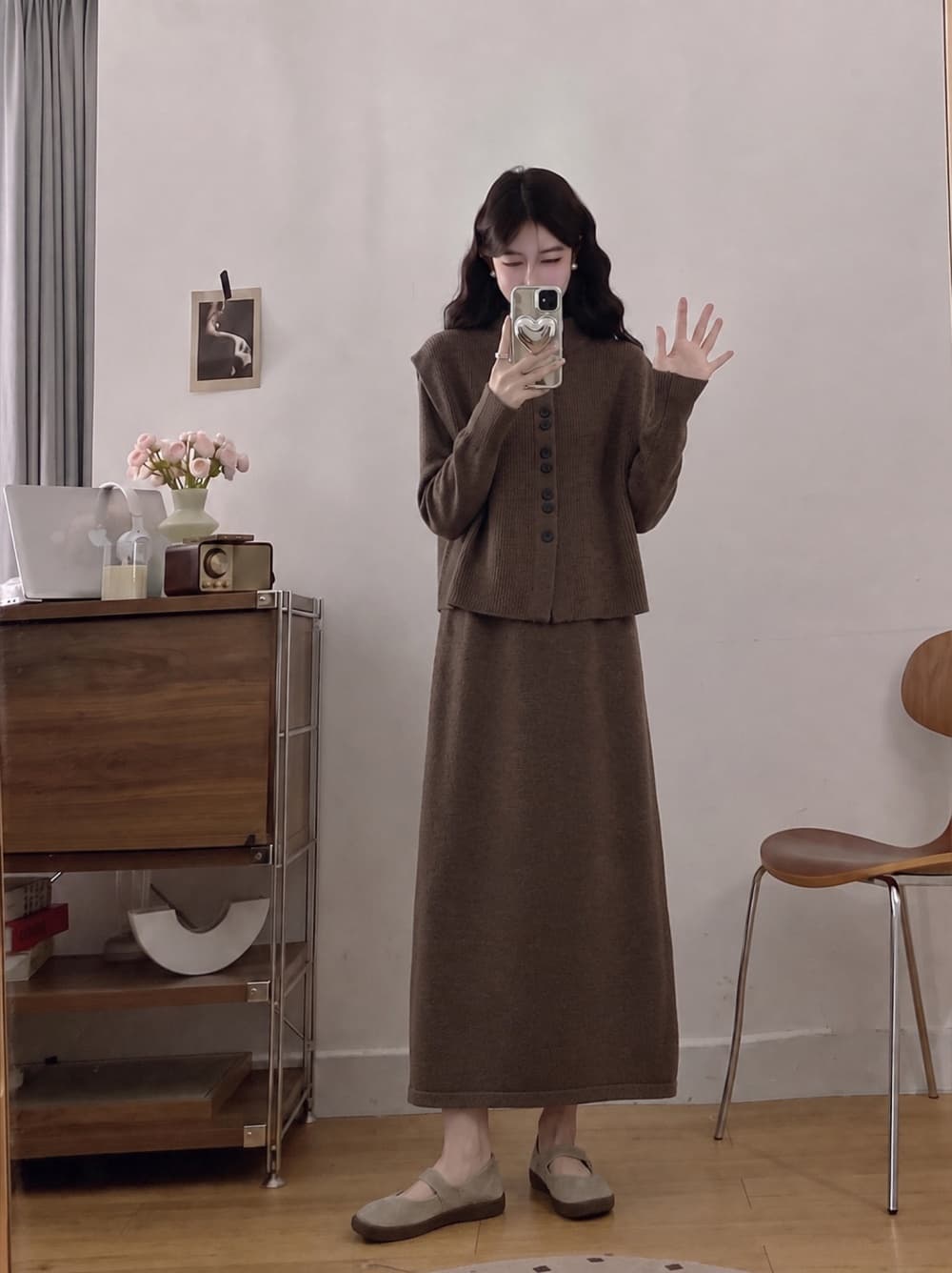 2026 실사 빅 사이즈 여성 의류 가을 겨울 새로운 한국 스타일 미니멀리즘 스웨터 베스트 니트 긴 소매 기본 스커트 투피스 세트 상세 이미지 8