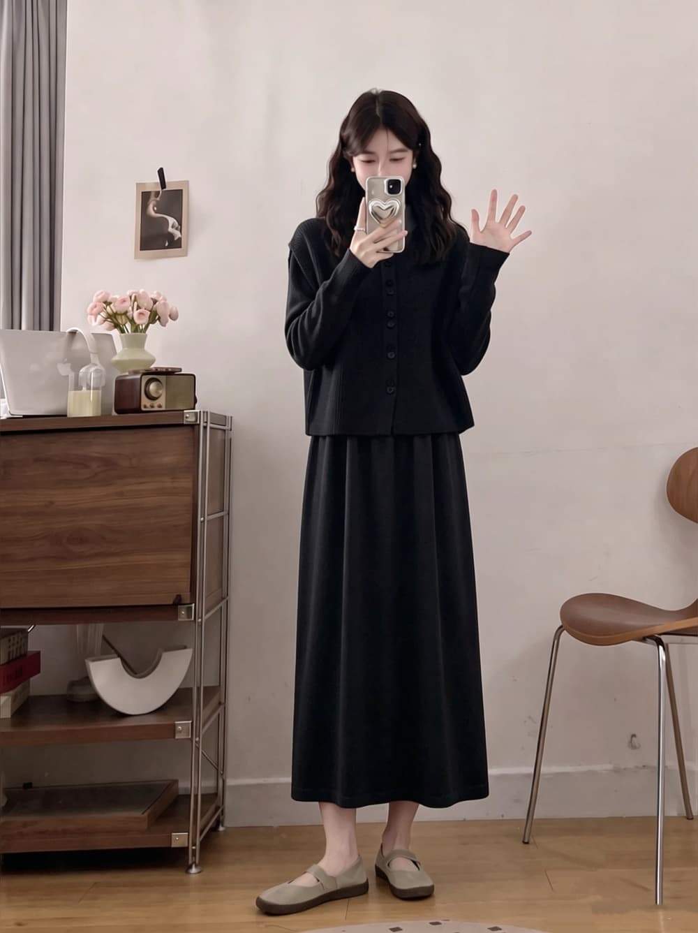 2026 실사 빅 사이즈 여성 의류 가을 겨울 새로운 한국 스타일 미니멀리즘 스웨터 베스트 니트 긴 소매 기본 스커트 투피스 세트 상세 이미지 15