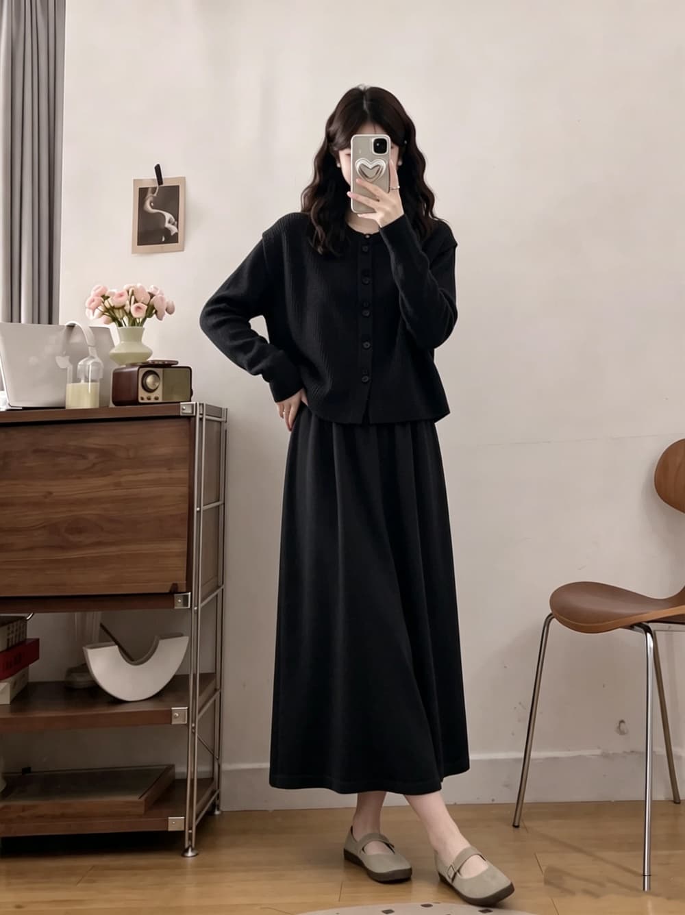 2026 실사 빅 사이즈 여성 의류 가을 겨울 새로운 한국 스타일 미니멀리즘 스웨터 베스트 니트 긴 소매 기본 스커트 투피스 세트 상세 이미지 17