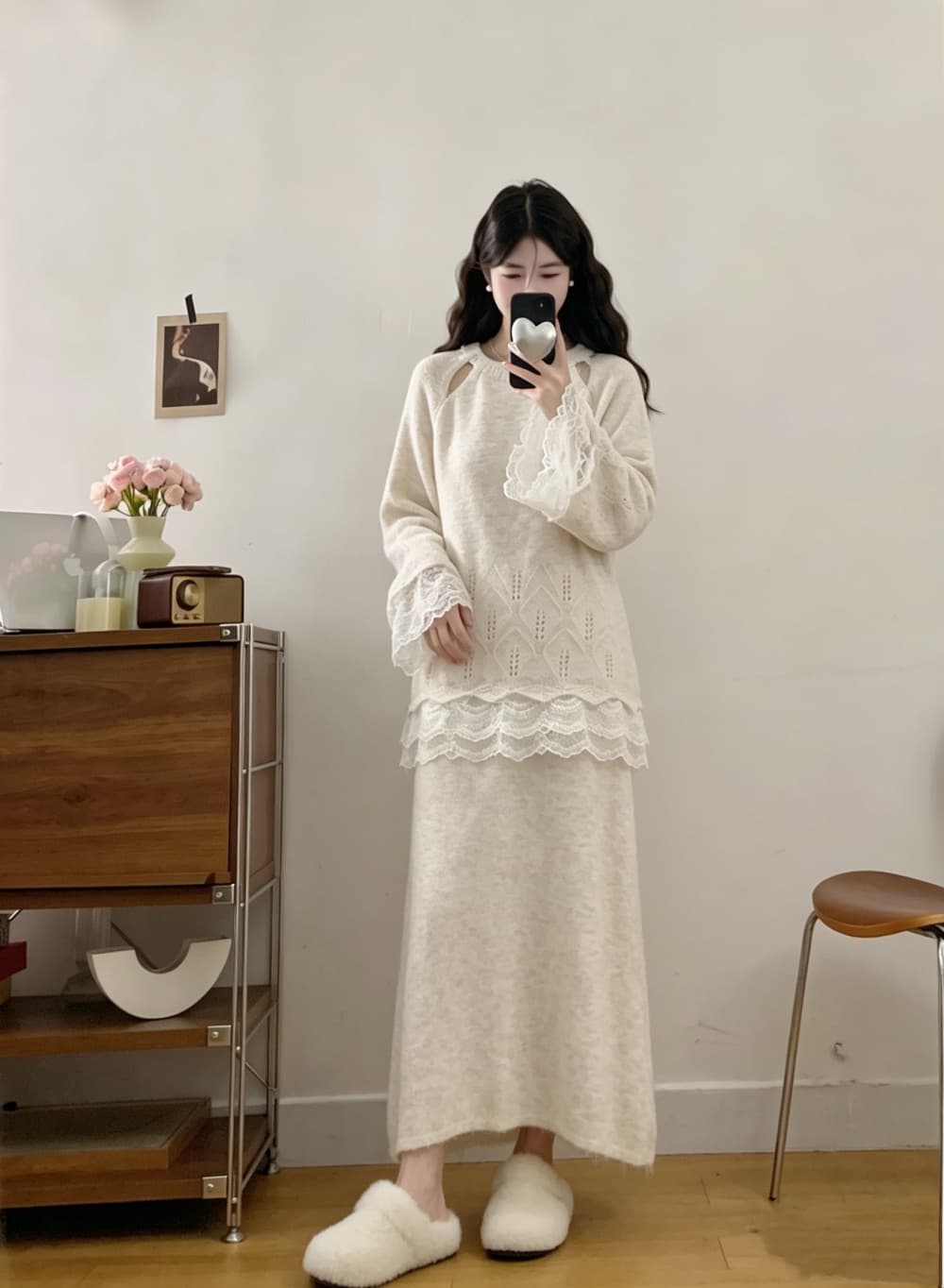 2026 실사 빅 사이즈 여성 의류 가을 겨울 새로운 홀로우 아웃 레이스 레이스 스웨터 맨위 니트 반신 스커트 투피스 세트 상세 이미지 13