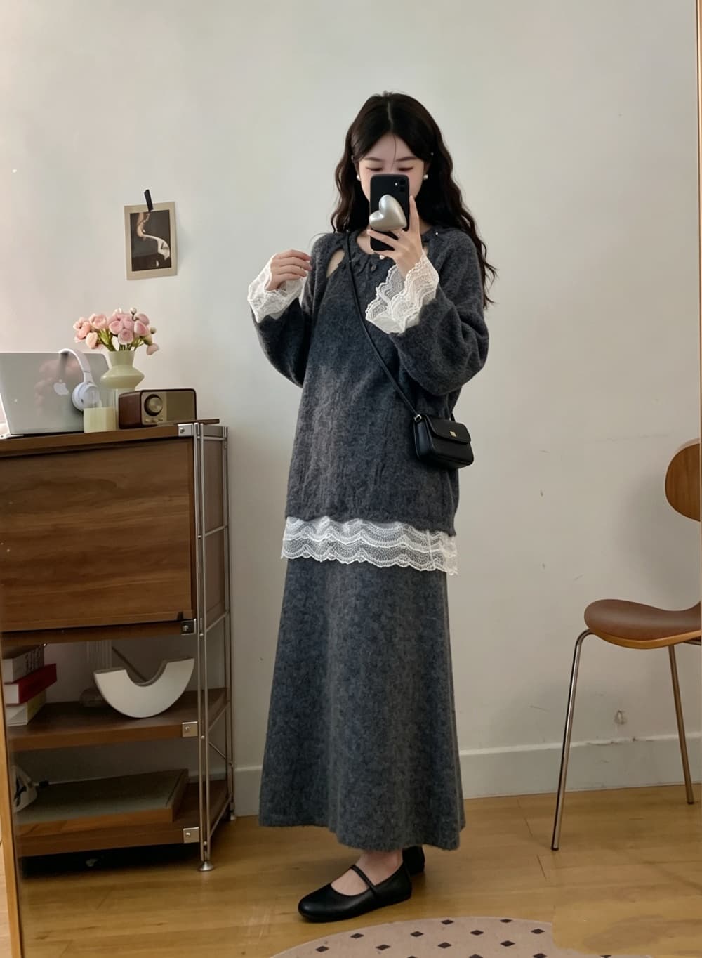2026 실사 빅 사이즈 여성 의류 가을 겨울 새로운 홀로우 아웃 레이스 레이스 스웨터 맨위 니트 반신 스커트 투피스 세트 상세 이미지 16