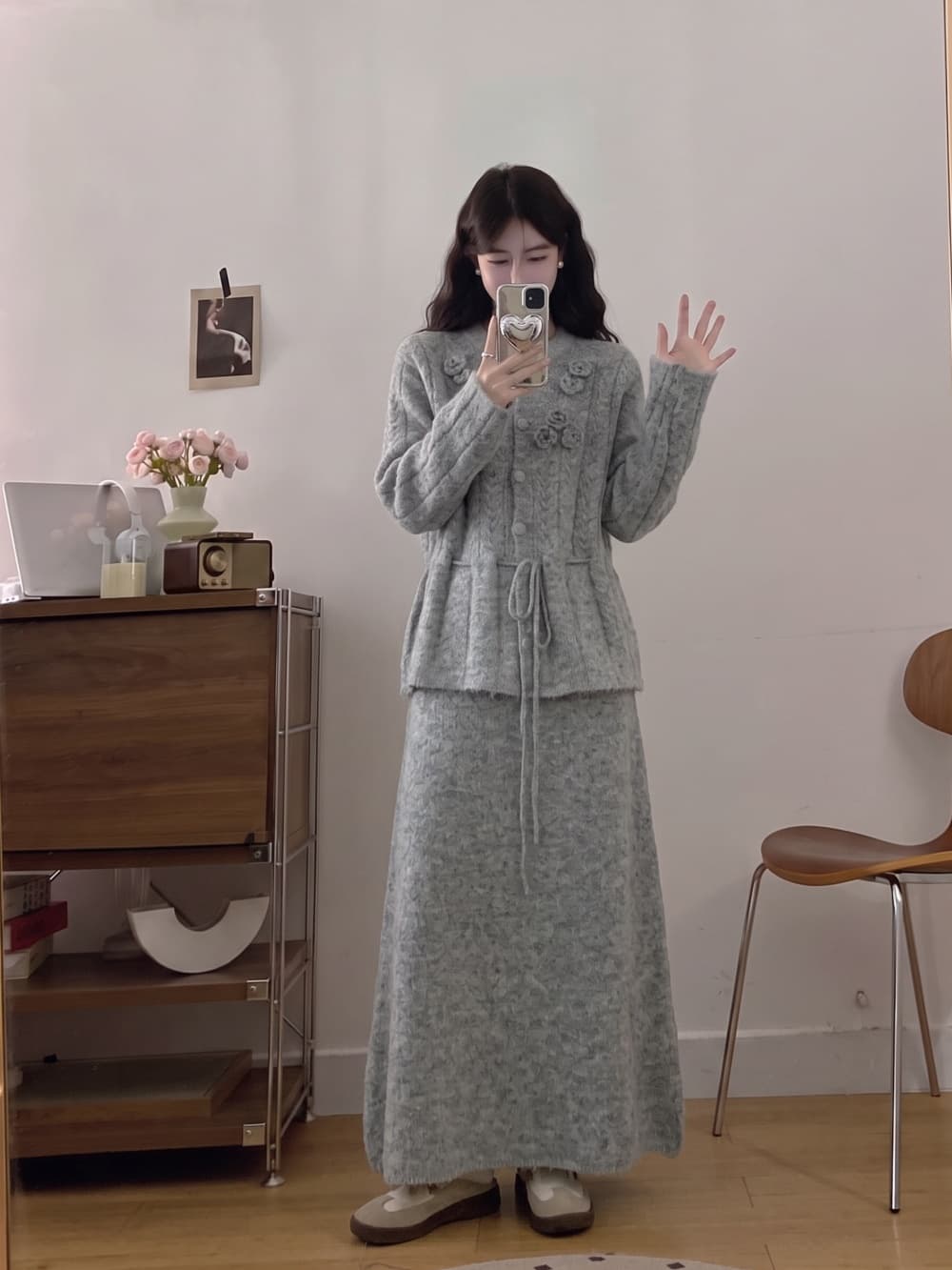 2026 실사 빅 사이즈 여성 의류 가을 겨울 새로운 3 차원 꽃 꽈배기 펌프 로프 스웨터 맨위 반신 스커트 투피스 세트 상세 이미지 13