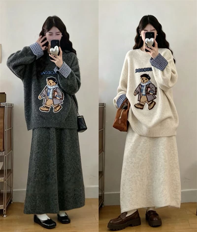 2026 실사 빅 사이즈 여성 의류 가을 겨울 새로운 레트로 작은 곰 자수 스웨터 반 스커트 느긋한 바람 니트 투피스 세트